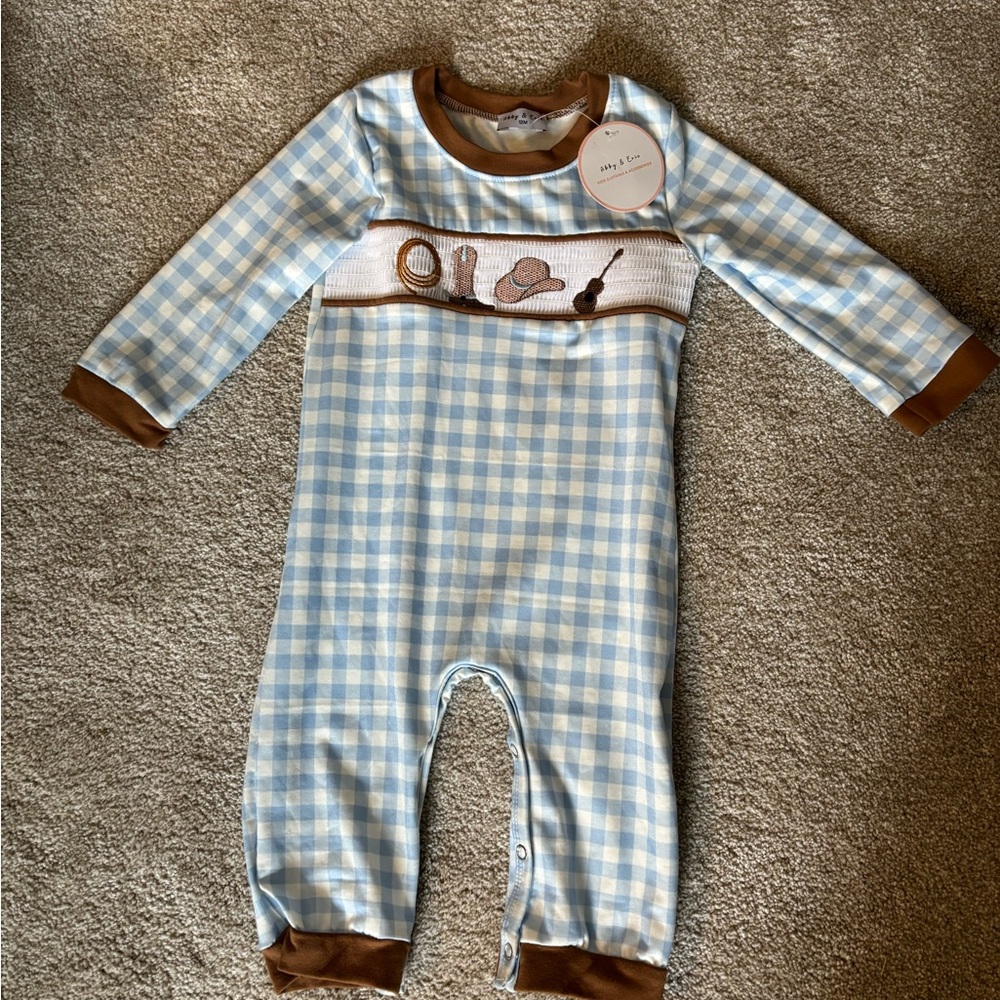Blue Gingham Smocked Cowboy One-Piece Bodysuit